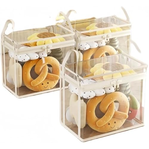 Uevmo 人形収納バレル ぬいぐるみ収納バレル 透明な大型ぬいぐるみ収納ボックス 蓋付き 防塵 防汚 折りたたみ式 軽量 ポータブル DIY 衣類ファイル収納 (ホワイト,ラージ3パック)