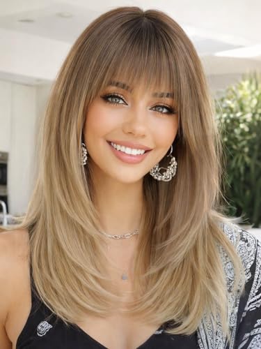 AISI HAIR 【Beginner Friendly Wigs】 Ombre Blonde Wig with Bangs for Women, Middle Length NaturalLayered Straight Wig for Daily Party