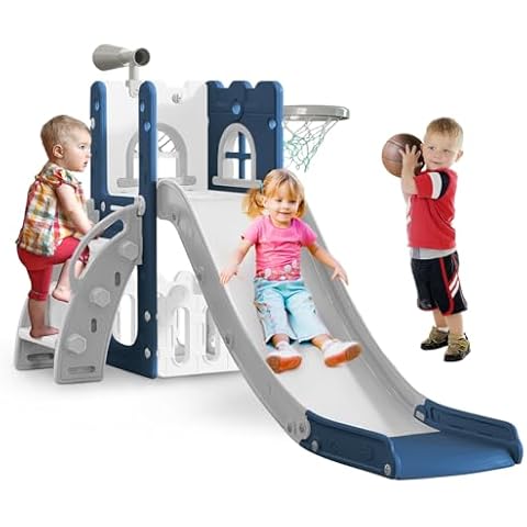 Toddler Slide for Kids with Climber Basketball Hoop, Storage Space, Telescope, Kids Indoor Slide Baby Slide for Outdoor Play Upgraded Toddler Indoor Playground with Wider and Longer Slideway Cover