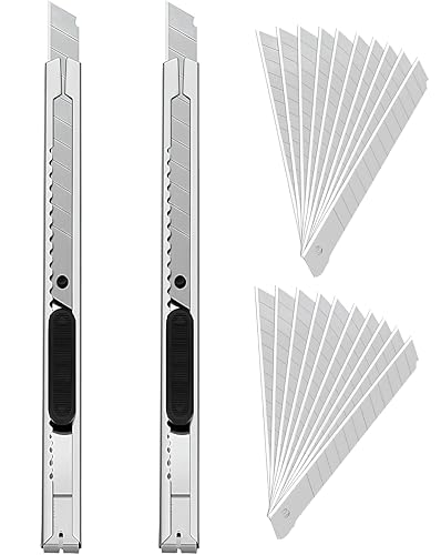 2 pieza Cúter Profesional de Acero Inoxidable con 20 piezas Hojas Repuesto de 9mm a 60 Grados, Cutter Retráctil para Cortar Vinilo, Cuchillas para Corte Preciso en Manualidades