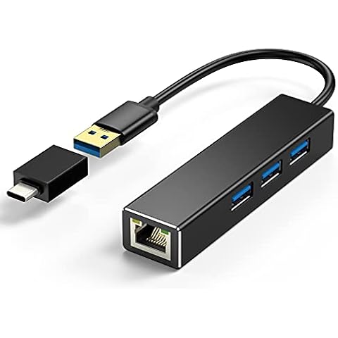 HOPLAZA USB Ethernet Adapter, USB Hub with 3 USB 3.0 Ports and RJ45 Gigabit Ethernet Adapter, USB LAN Adapter with USB C to USB A adapter Cover