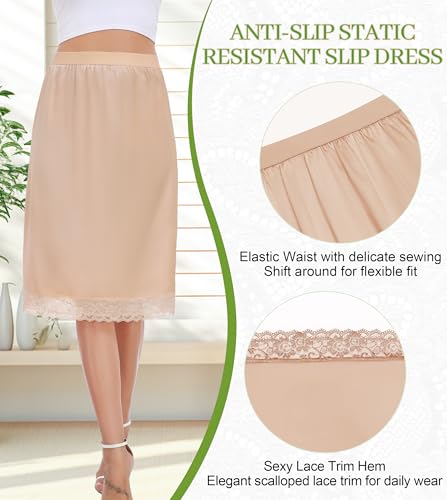 Lovasy Women Satin Half Slips Lace Long Underskirt Anti Static Under Skirt Soft Slip Dress for Skirts Dresses Nude,Medium - Thumbnail 3