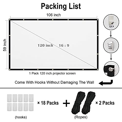 120 Inch White Projector Screen, Aajk Projection Screen16:9 Hd Hanging Movie Screen Foldable Anti-Crease, For Outdoor, Indoor #TOP1