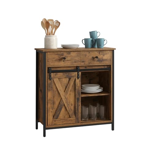 Aparador Relaxdays con Puerta corredera, 80 x 70 x 30 cm, 4 estantes, Mueble Auxiliar para Cocina y salón, marrón/Negro.