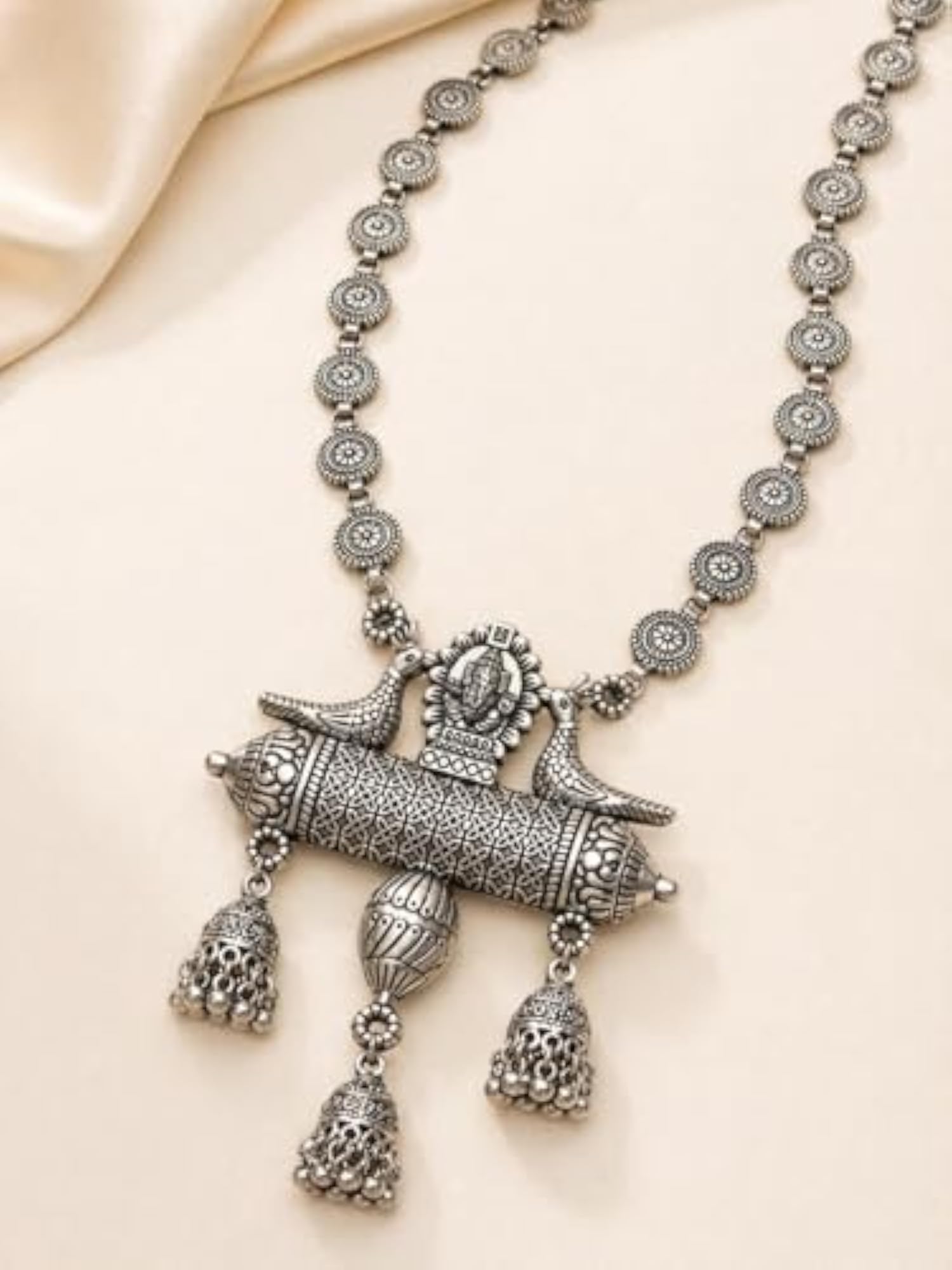 Oxidised Silver Long Necklace Set with Jhumka Earrings