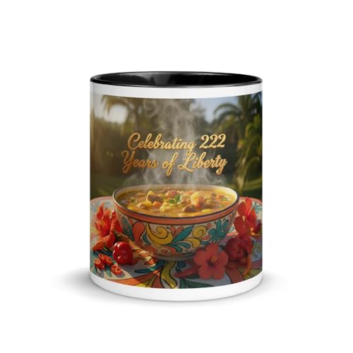 Mug with Color Inside with a steaming bowl of traditional Haitian Soup Joumou (Pumpkin Soup) on a colorful hand-painted ceramic table