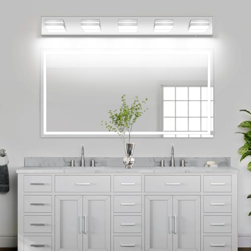 Image of Bathroom Vanity Lighting Fixtures Over Mirror (5-Light, 40-Inch) Modern LED Bathroom Wall Lighting Fixtures, Chrome (Cool White 6000K)