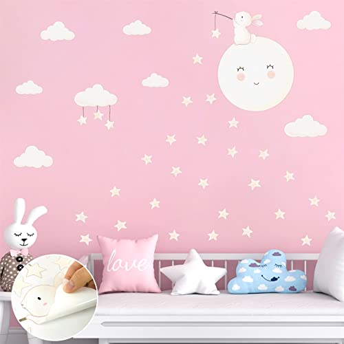 Moon Star Wall Decals Cartoon Rabbit Wall Stickers Cute Bunny Wall Decals Moon Cloud Wall Decals Watercolor Moon And Star Wall Stickers For Nursery Girls Bedroom Baby Room Decor #TOP1