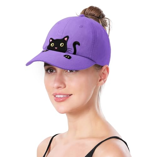 Girls Ponytail Hat Criss Cross Baseball Cap Cute Cat Embroidered Trucker Hat for Women4