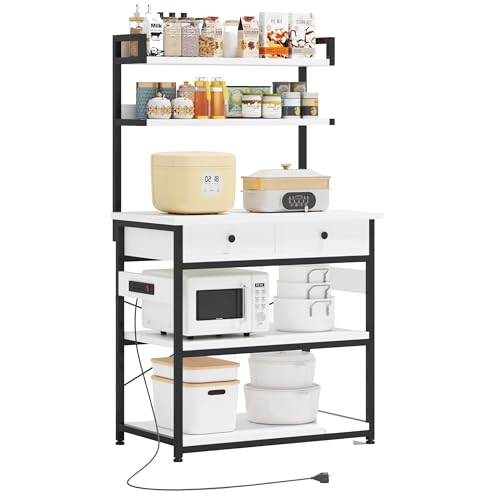 Flrrtenv - Flrrtenv 5-Tier Kitchen Bakers Rack with 3 Power Outlets, Microwave Stand with 2 Drawers, Coffee Bar Shelves Cabinet with Storage Shelf, Heavy Duty Kitchen Cart Island Table for Spices, Pans White