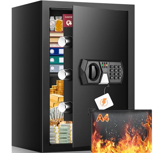 3.0Cuft Safe Box, Home Safe with Fireproof Waterproof Bag, Anti-Theft Digital Security Document Safes with Keypad Key, Mute Mode, Alert System, Personal Electronic Money Safe for Cash Medicine Jewelry