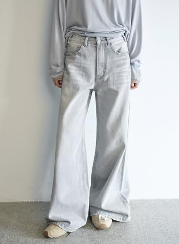 Women's Cinch Baggy, Wide Straight Leg High Rise Washed White Denim Jeans3