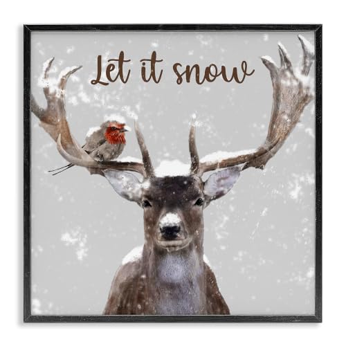 Winter Bird Deer Antlers Holiday, 24 x 24 Inch Framed Giclée Print