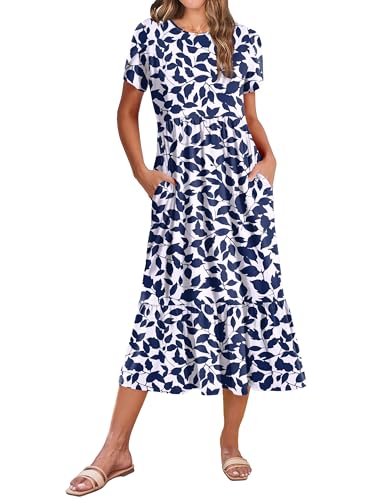 Zeagoo Women's Short Sleeve T Shirts Dress Summer Casual Loose Beach Dresses with Pockets Linen A Line Flowy Swing Dresses Boho Shift Shirt Dress 2025 Floral Blue Leaves M