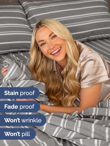 Image of Extra Deep Cal King Sheet Set - 6 Piece Breathable & Cooling - Grey Stripes | Hotel Luxury Bed Sheets Set, Easy & Secure Fit, Ultra-Soft, Wrinkle & Fade Free, Comfy Sheets Set with Extra Deep Pockets