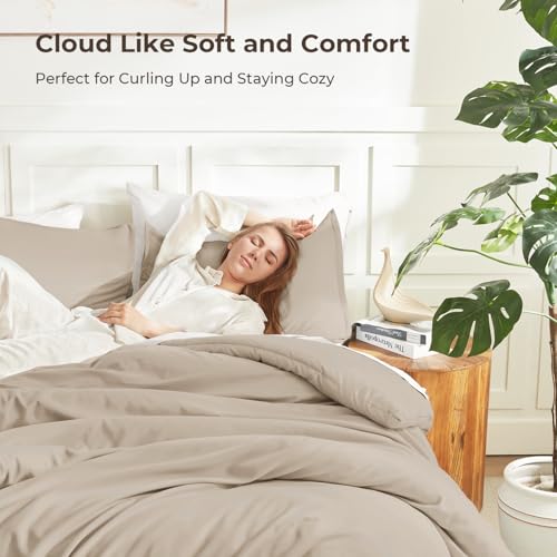 Image of Litanika Khaki Comforter Set Queen Size, 3 Pieces Solid Bedding Comforter Set, All Season Down Alternative Bed Set (90x90In Comforter & 2 Pillowcases)