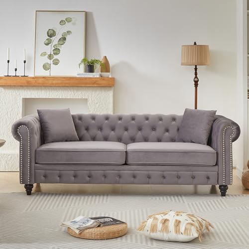 Image of Modern Chesterfield Sofa Couch, 85.5-inch Velvet Fabric 3-Seater Sofa with Rolled Arms and Tufted Button for Living Room, Office, Light Grey