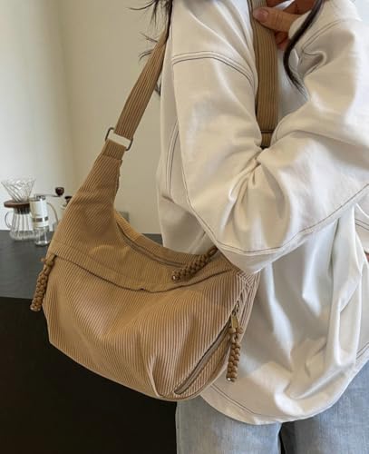 Image of Hobo Bag for Women Men Crescent Shoulder Bag Retro Nylon Canvas Crossbody Bag Slouchy Corduroy Dumpling Bag Purse | Retro