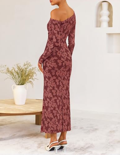 ZESICA Women's Fall Floral Off Shoulder Bodycon Maxi Dresses 2025 Long Sleeve Ruched Elegant Cocktail Party Dress4