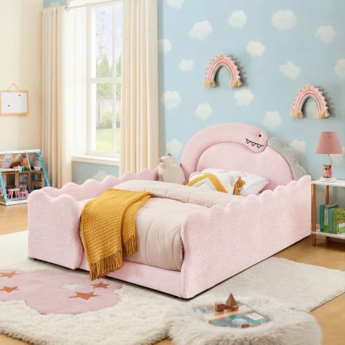 Image of Full Size Kids Bed with Dinosaur Headboard, Upholstered Boucle Fabric Twin Daybed with Slats Support & Side Pocket, Space-Saving Wooden Corner Sofa Couch Day Bed Frame for Girl, Boy, Teenager(Pink)