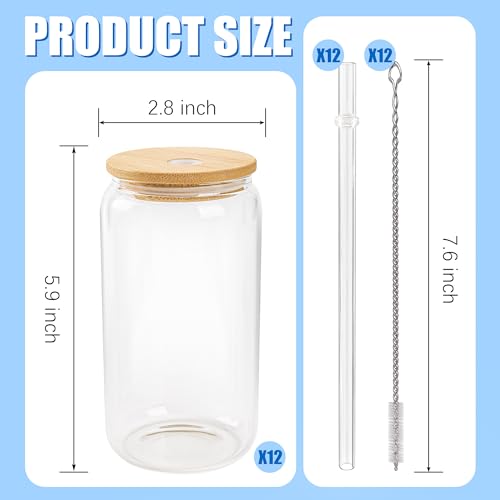 Joyclub 12 Pack Sublimation Glass Cups with Lids and Straws 16oz, Clear Sublimation Glass Tumbler Blanks Beer Can Shaped Mugs for Iced Coffee Smoothie Soda Boba Tea Cocktail Gift by Joyclub - Image 3