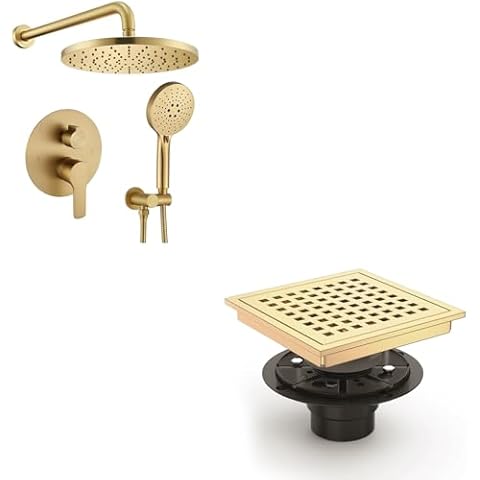 Iriber Shower System Wall Mounted Shower Faucet Mixer Set with Luxury High Pressure Shower head and 3-Setting Handheld and Iriber 6 Inch Square Shower Floor Drain with PVC Shower Drain Base Cover