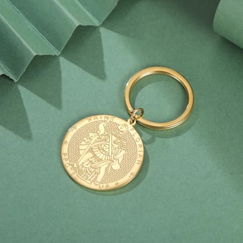 EUEAVAN St Florian brelok dla mężczyzn patron dwustronny święty strażak medal amulet katolicki prezent strażak akcesoria, Złoty, M