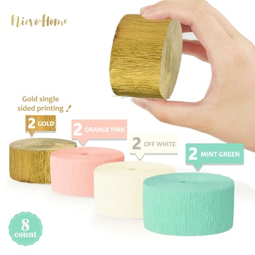 Image of NICROHOME EUR Pastel Party Decorations, 8 Rolls Mint Green Pink White Gold Crepe Paper Streamers for Wedding, Baby Bridal Shower, Engagement Party, Birthday, Valentine's Day, Easter, 82 Ft Long