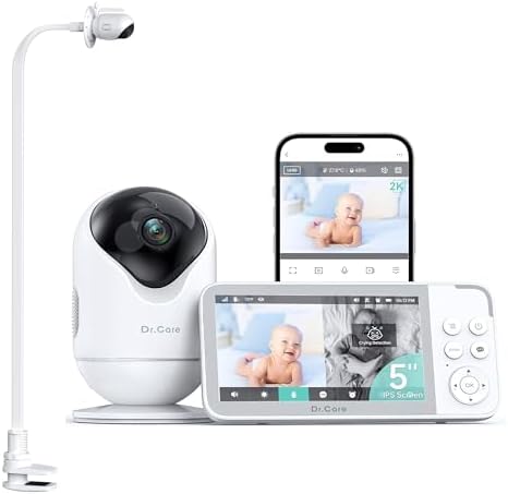 Dr.Care VistaView 5” Smart WiFi Baby Monitor with Clip Mount - 2K...