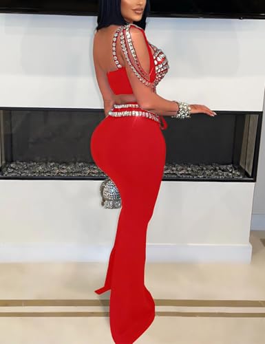 Image of WOKANSE Two Piece Dress Sets for Women Spaghetti Strap Sleeveless Rhinestone Tube Top Bodycon Long Maxi Skirt Set