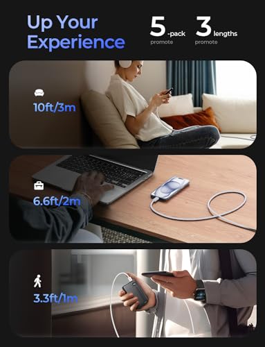Image of LISEN USB C Cable, 5-Pack [3.3 /3.3 /6.6 /6.6 /10FT] USBC to USBC Cable for iPhone 16e 15 Pro Max Charger Cord, 60W (3.1A) C to C Cable Fast Charging for Samsung S25 /S24 /23, Switch 2, iPad, MacBook,White