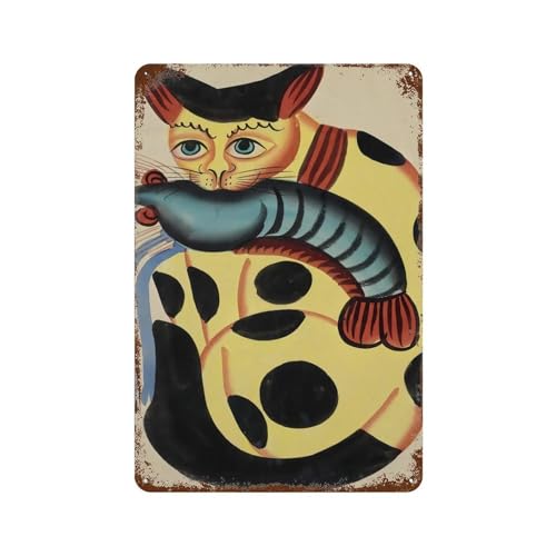 Gynaver Cat Stealing Prawn By Kalighat Retro Art Vintage Sublime Tin Painting Wall Poster Metal Sign Wall Decor Style 30x20cm