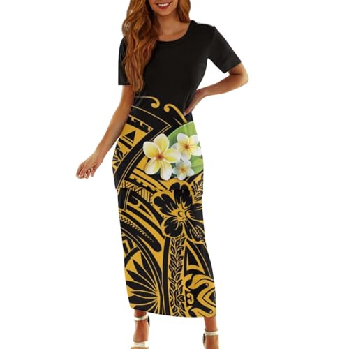 Cjfognsoa Samoan Puletasi Samoan Traditional Dress Hawaiian Moomoo Luau Dresses for Women Polynesian Long Skirt Lavalava Polynesian Geometric Classy Two Piece Outfits for Women Short Sleeve 2XL