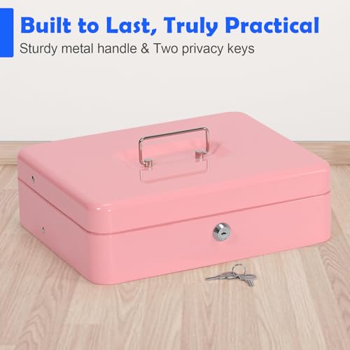 Doppelschichtige Metall-Geldkassette mit Schlüsselschloss, 30 x 24 x 9 cm, tragbares Münz- & Geldsafe, große Geldbox mit 2 Schlüsseln für Haushalt, Büro und Gewerbe