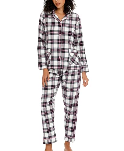 ENJOYNIGHT Womens Cotton Flannel Pajamas Set Long Sleeve Button Down Sleepwear Set(Lattice,X-Large)