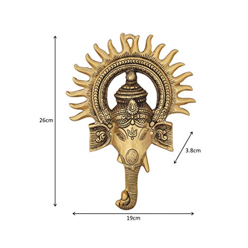 Handicrafts Paradise Wall Hanging Ganesha Big Sun Shaped Antique Golden Finish In Metal #TOP2
