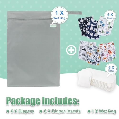 Image of wegreeco Cloth Diapers 6 Pack with 6 Inserts & 1 Wet Bag, Washable Cloth Diapers for Babies, One Size Adjustable Reusable (Cool Animals)