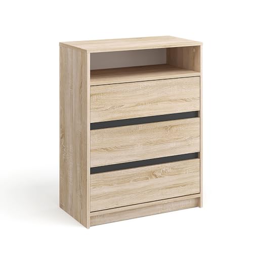 Komto Commode Chêne Sonoma – Meuble de Rangement avec 3 Tiroirs et 1 Niche Ouverte, Style Bois Clair pour Salon, Bureau ou Chambre Bébé/Enfant | Leon 70 x...