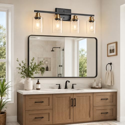 Image of Ascher Bathroom Light Fixtures, 4-Light Vanity Lights with Clear Glass Shade, Modern Black and Gold Wall Light for Mirror Bedroom Hallway Cabinet Porch