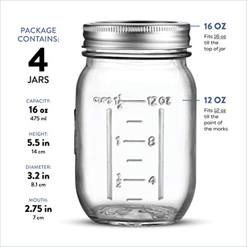 Premium Glass Mason Jars (474ml) Glass Jars with Silver Metal Airtight Lids for Meal Prep, Food Storage, Canning, Drinking, for Overnight Oats, Jelly, Dry Food, Salads, Yogurt (4 Pack)