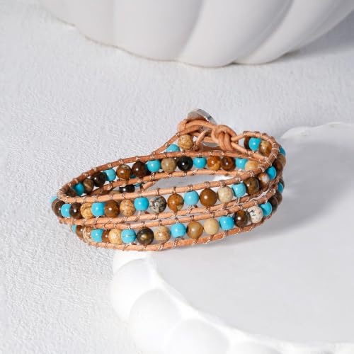 Image of KELITCH Double Wrap Bracelet Women Hand-Braided Turquoise Beads Bracelets Boho Leather Bracelets Bangle