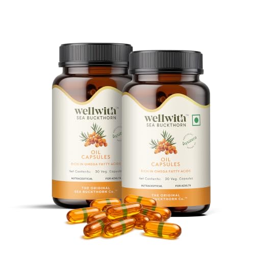 Wellwith Sea Buckthorn Berry Oil Capsules 500 mg, 60 Veg HPMC Capsule, Pack of 2, Plant-Based SeaBuckthorn Oil Capsules for Daily Use | Omega 3, 6, 7 & 9