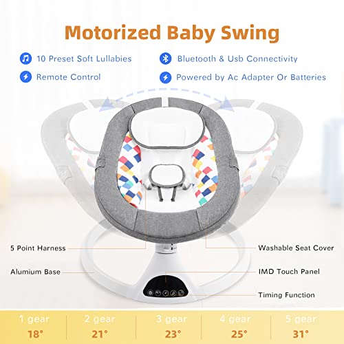 Baby Swing For Infants, Electric Portable Baby Swing For Newborn, Bluetooth Touch Screen/Remote Control Timing Function 5 Swing Speeds Baby Rocker Chair With Music Speaker 5 Point Harness Gray #TOP1