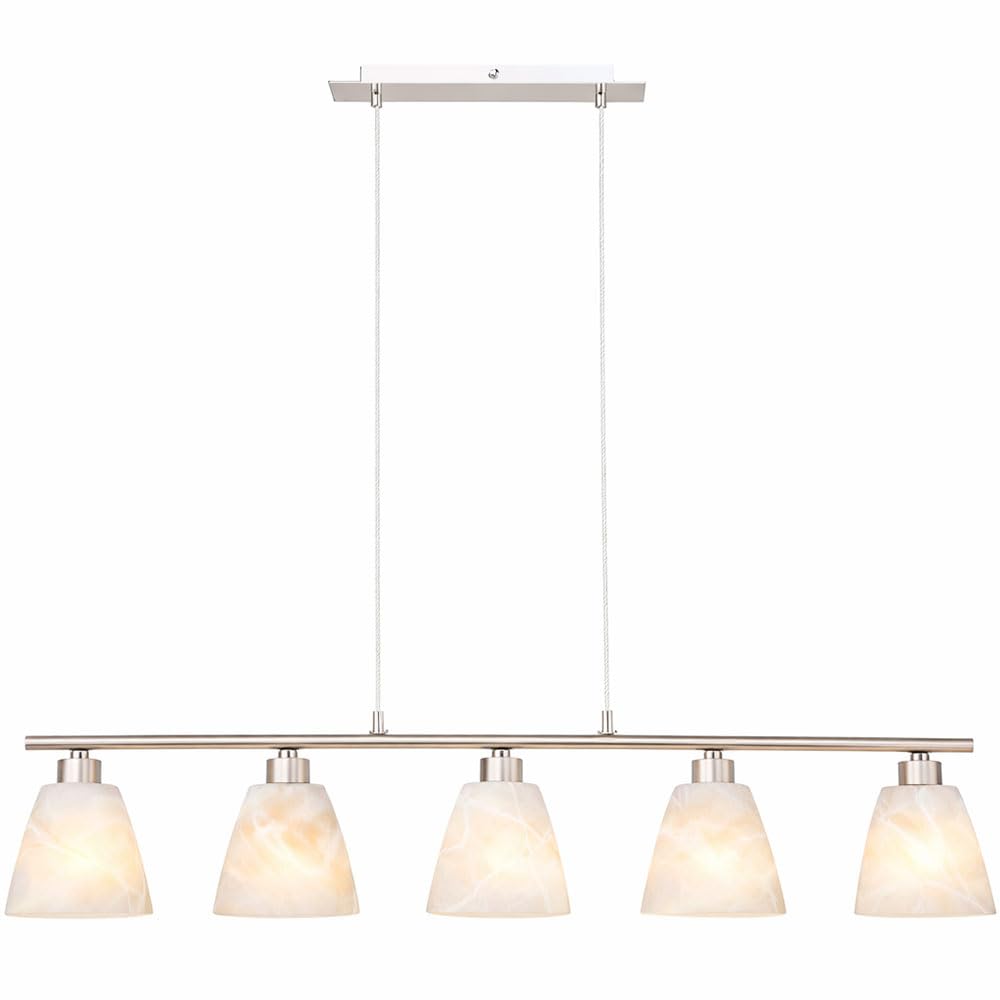 Esstischlampe Hängelampe Esstisch Hängeleuchte silber höhenverstellbar, 5 flammig, Metall nickel Glas weiß, 5x E14 Fassungen, HxLxB 120x93x13cm
