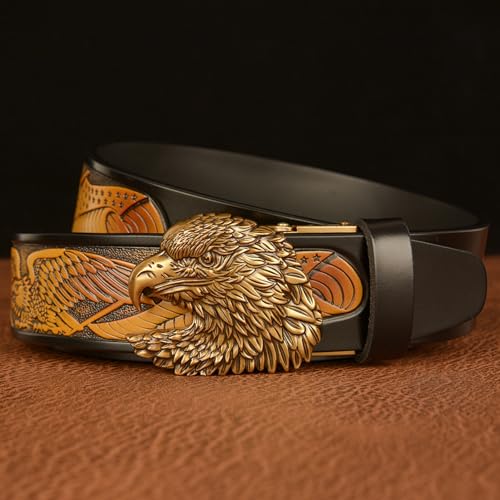 Men's Eagle Pattern Leather Belt With Golden Eagle Automatic Buckle - Western Ratchet Dress Belt, Trim To Fit2