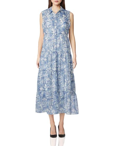 London Times Women s Printed Woven Sleeveless Fit and Flare, Denim, 10