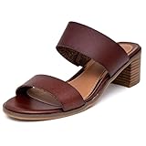 Sugar Women's Heeled Two Band Slide Sandal: Square Open Toe, Low Block Chunky Heels, Slip-On Comfort-Halo-Dark Brown-7.5