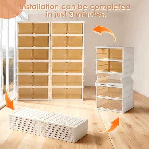 Image of Folding Shoe Rack Storage Device,Large Plastic Folding Shoe Cabinet, Easy to Assemble Shoe Rack Storage Cabinet with Transparent Door Magnetic Buckle (6 Layers, 2 Groups, 24 Pairs)