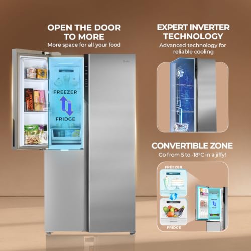 Image of Haier 598 L 3 Star Frost Free Expert Inverter Smart Sense AI enabled 3-Door Side by Side Refrigerator (HRT-683ISU1, Inox Steel, Magic Convertible Zone, Deo Fresh Technology, 2026 Model)