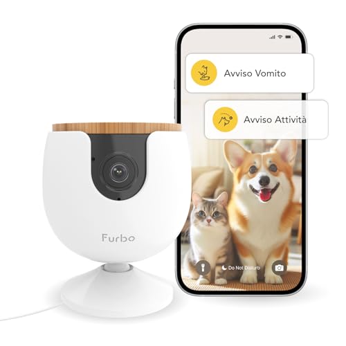 Furbo Mini Videocamera + Pacchetto Sicurezza Casa [PREMIUM CON ABBONAMENTO RICHIESTO] Con App, Visione Notturna a Colori, Audio a Due Vie, Avvisi Abbaio o Miagolio, per Cani o Gatti, per Interni